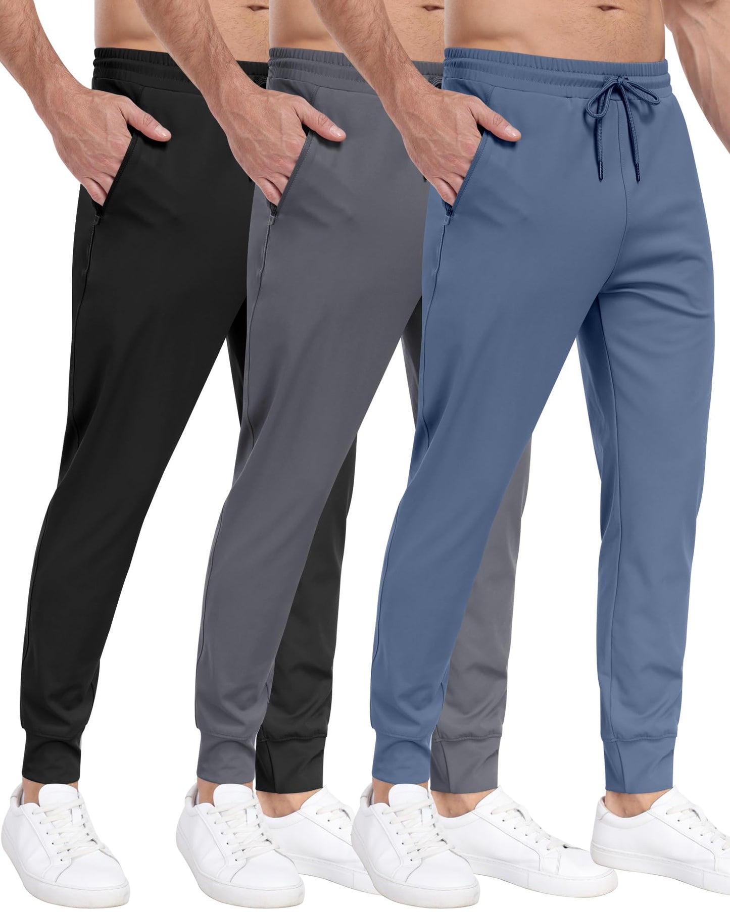 Men's 3 Pack Workout Jogger Pants with Zipper Pockets