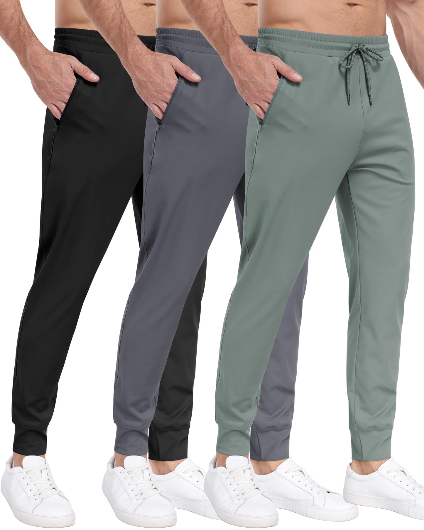 Men's 3 Pack Workout Jogger Pants with Zipper Pockets