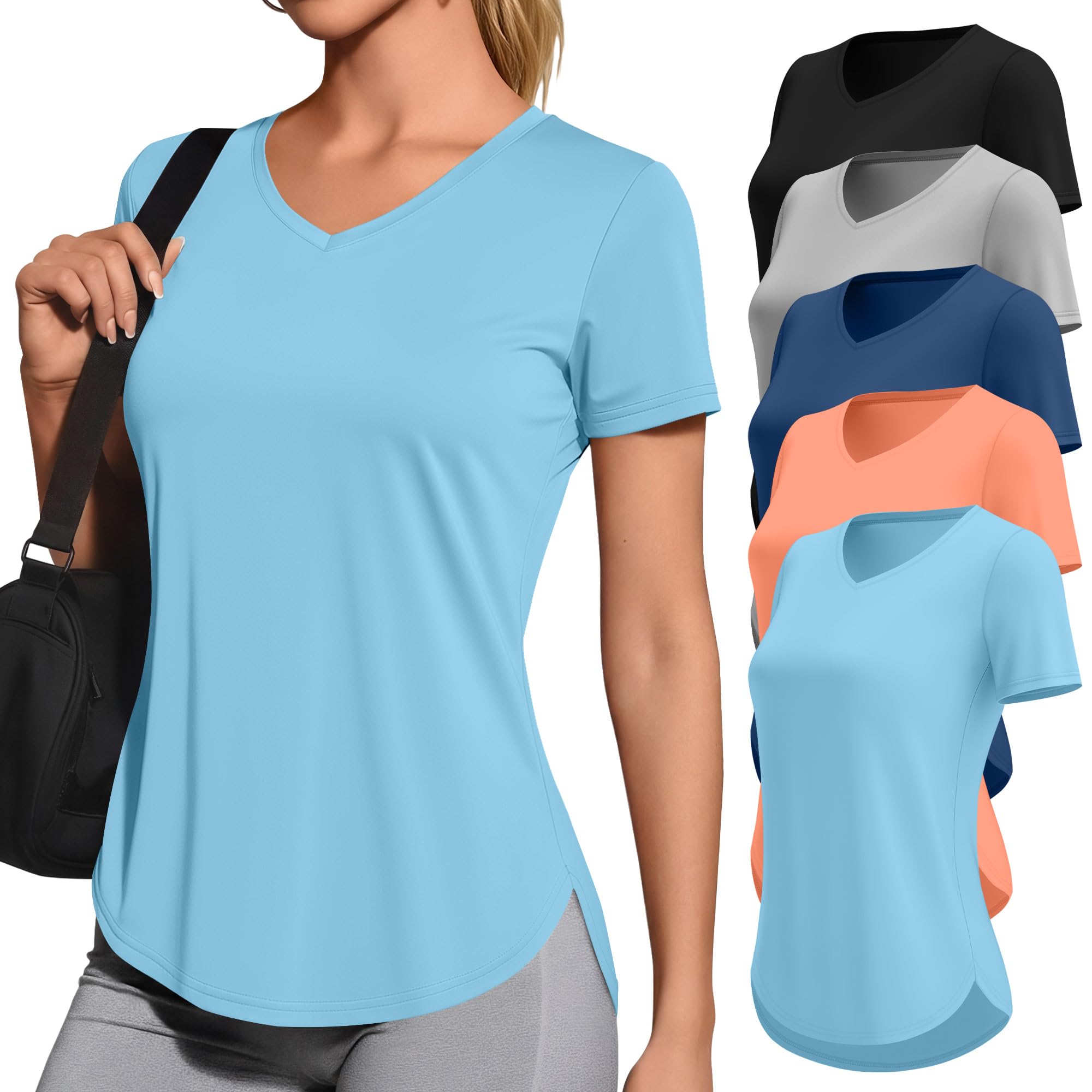 Locoowai 5 Pack Women's Workout Shirts V Neck Quick Dry Tops UPF 50+ Short Sleeve UV Gym Basic Tee Side Slits Curved Hem