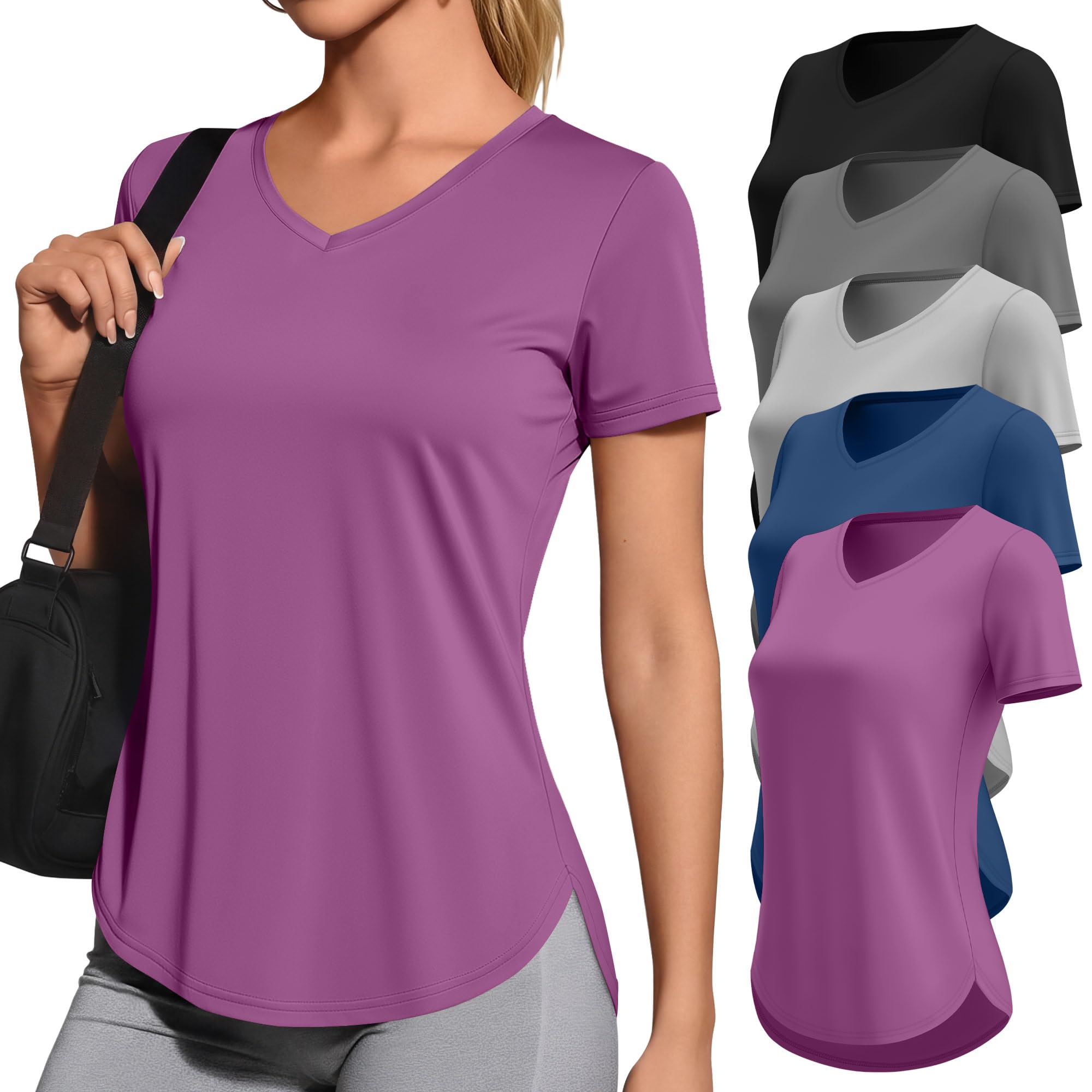 Locoowai 5 Pack Women's Workout Shirts V Neck Quick Dry Tops UPF 50+ Short Sleeve UV Gym Basic Tee Side Slits Curved Hem