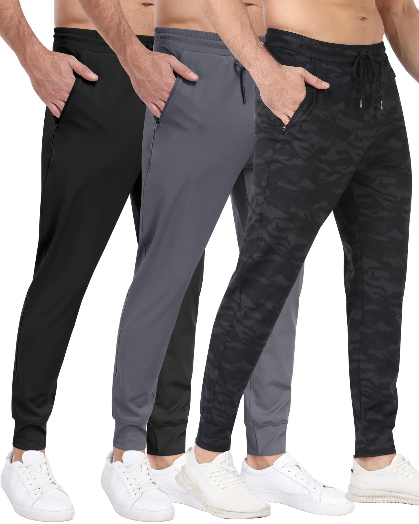 Men's 3 Pack Workout Jogger Pants with Zipper Pockets