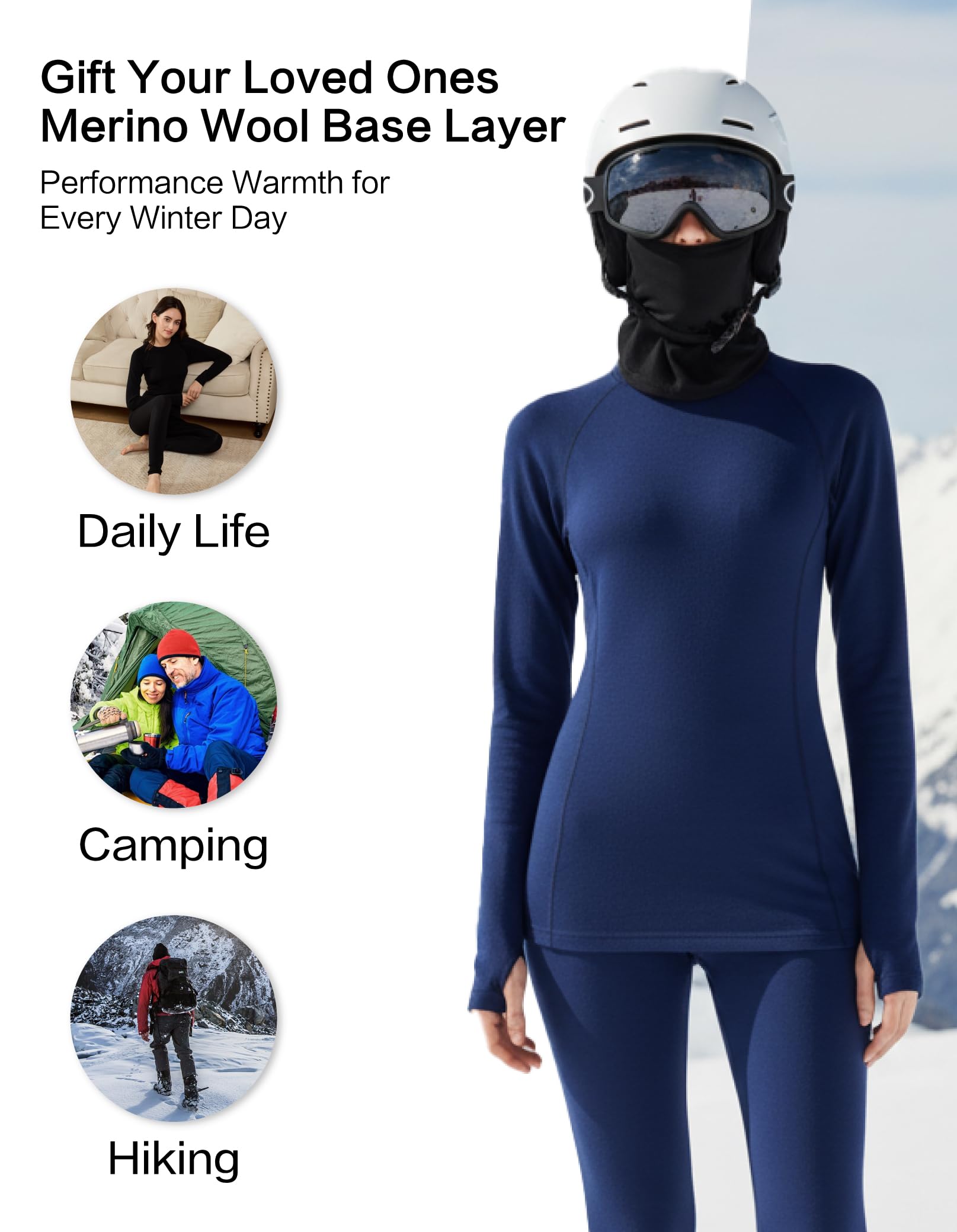 LEADHALO Midweight Merino Wool Base Layer Women Set, Moisture Wicking Warm Women's Thermals Top and Bottom for Ski Snowboard