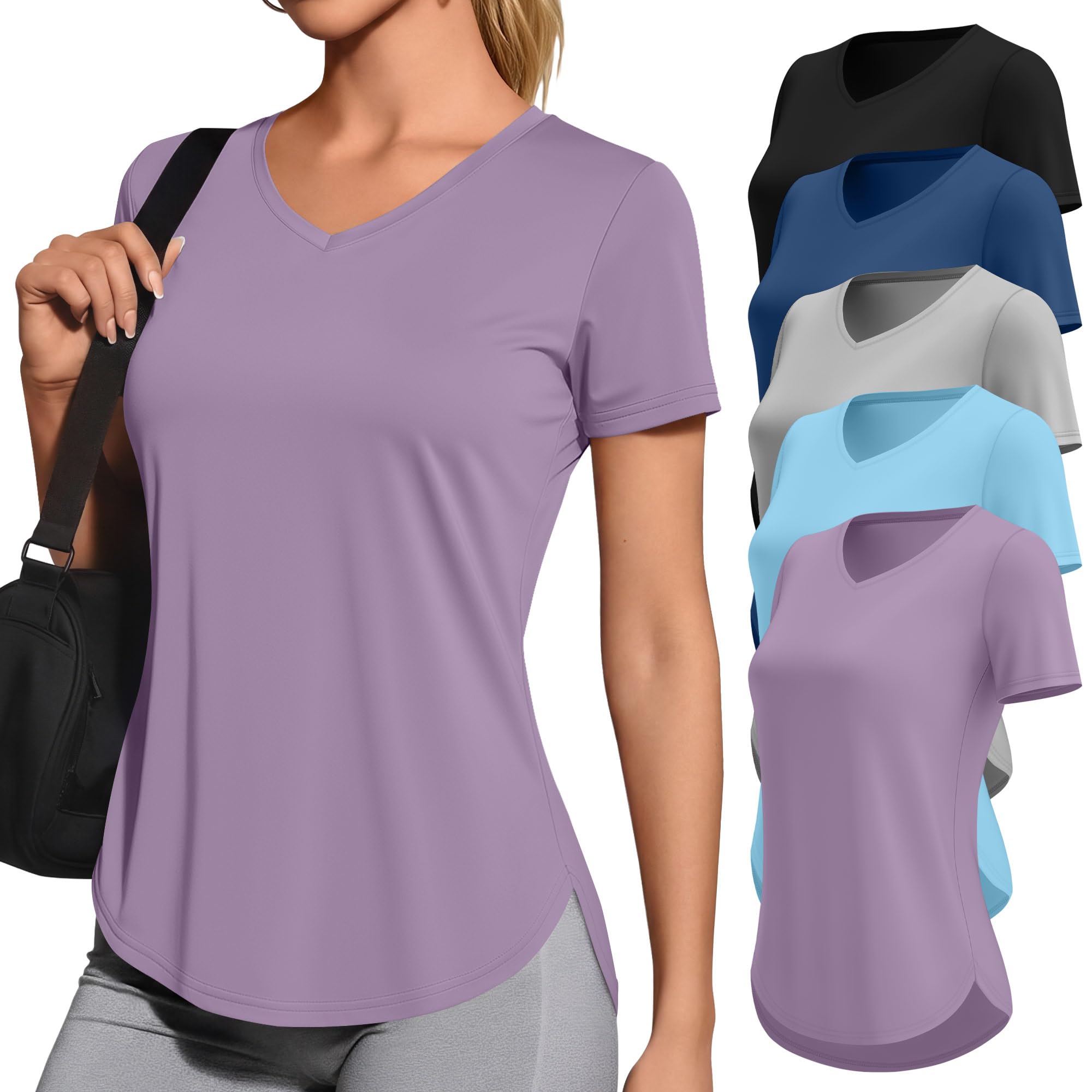 Locoowai 5 Pack Women's Workout Shirts V Neck Quick Dry Tops UPF 50+ Short Sleeve UV Gym Basic Tee Side Slits Curved Hem
