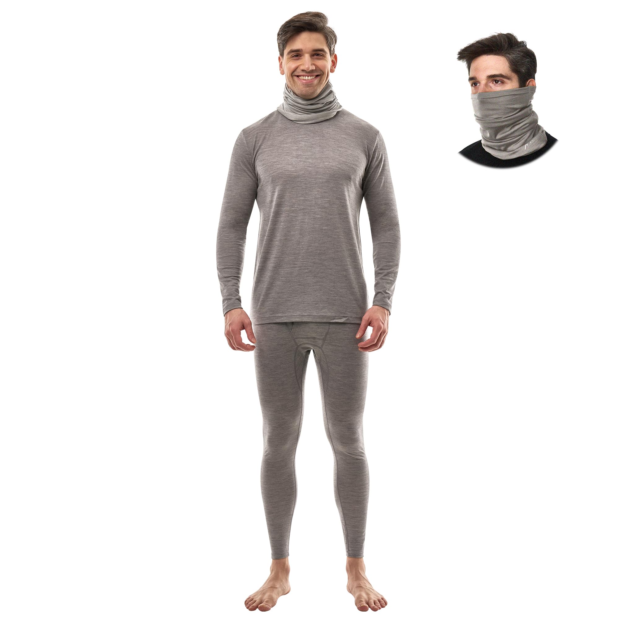 Merino.tech Merino Wool Base Layer Mens Set - Merino Wool Thermal Long Underwear Mens Top, Bottom and Neck Gaiter