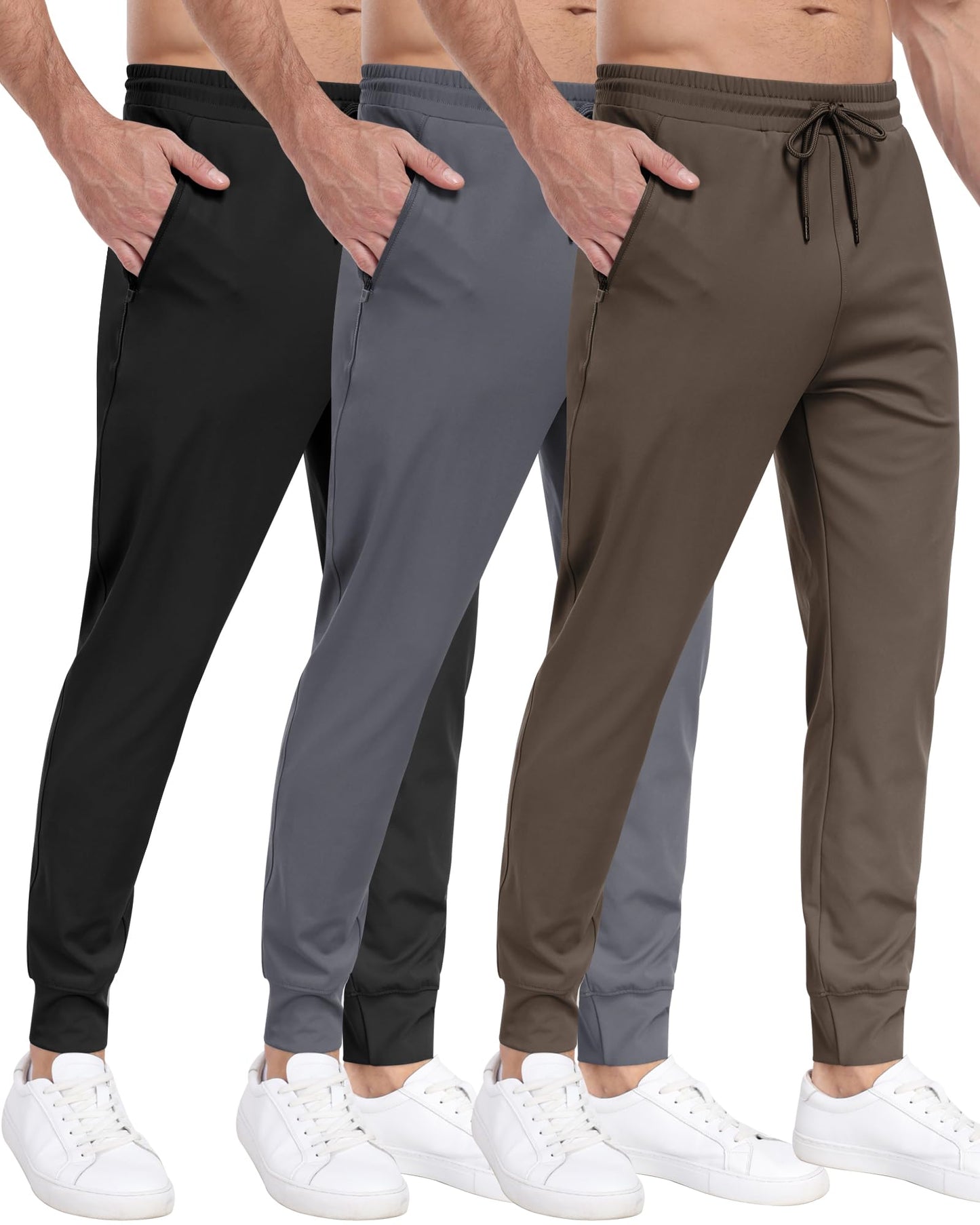 Men's 3 Pack Workout Jogger Pants with Zipper Pockets