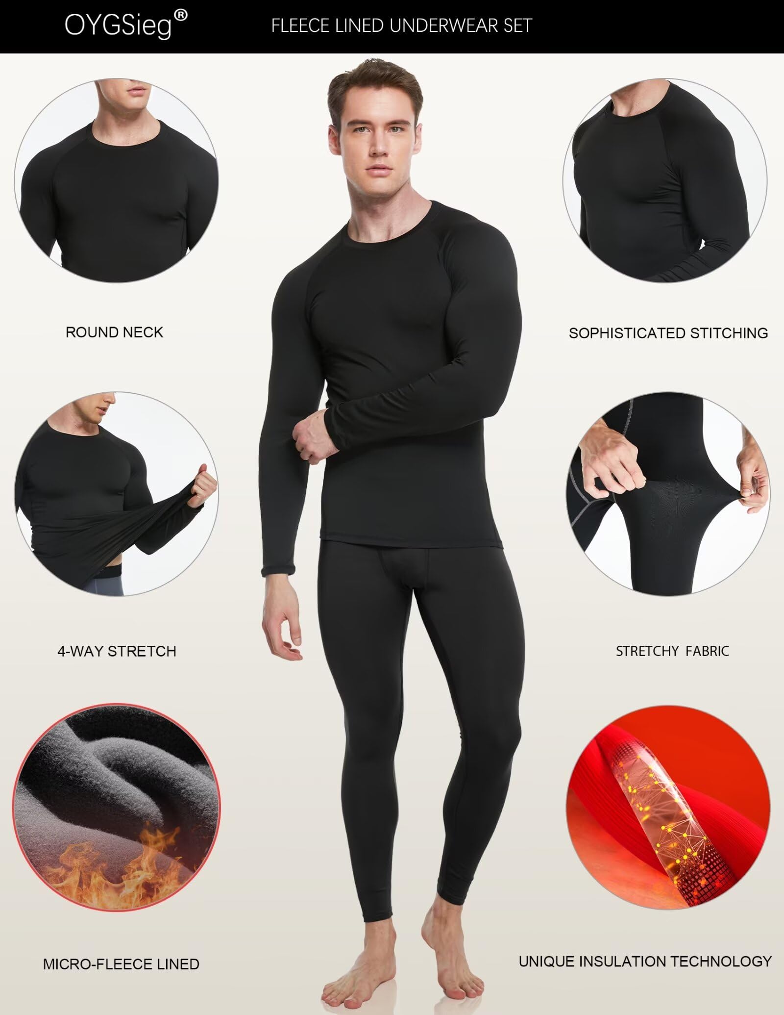 OYGSieg 3 or 2 Set Men's Thermal Underwear Long Johns with Fleece Lined, Thermals for Men Base Layer Cold Weather Top Bottom