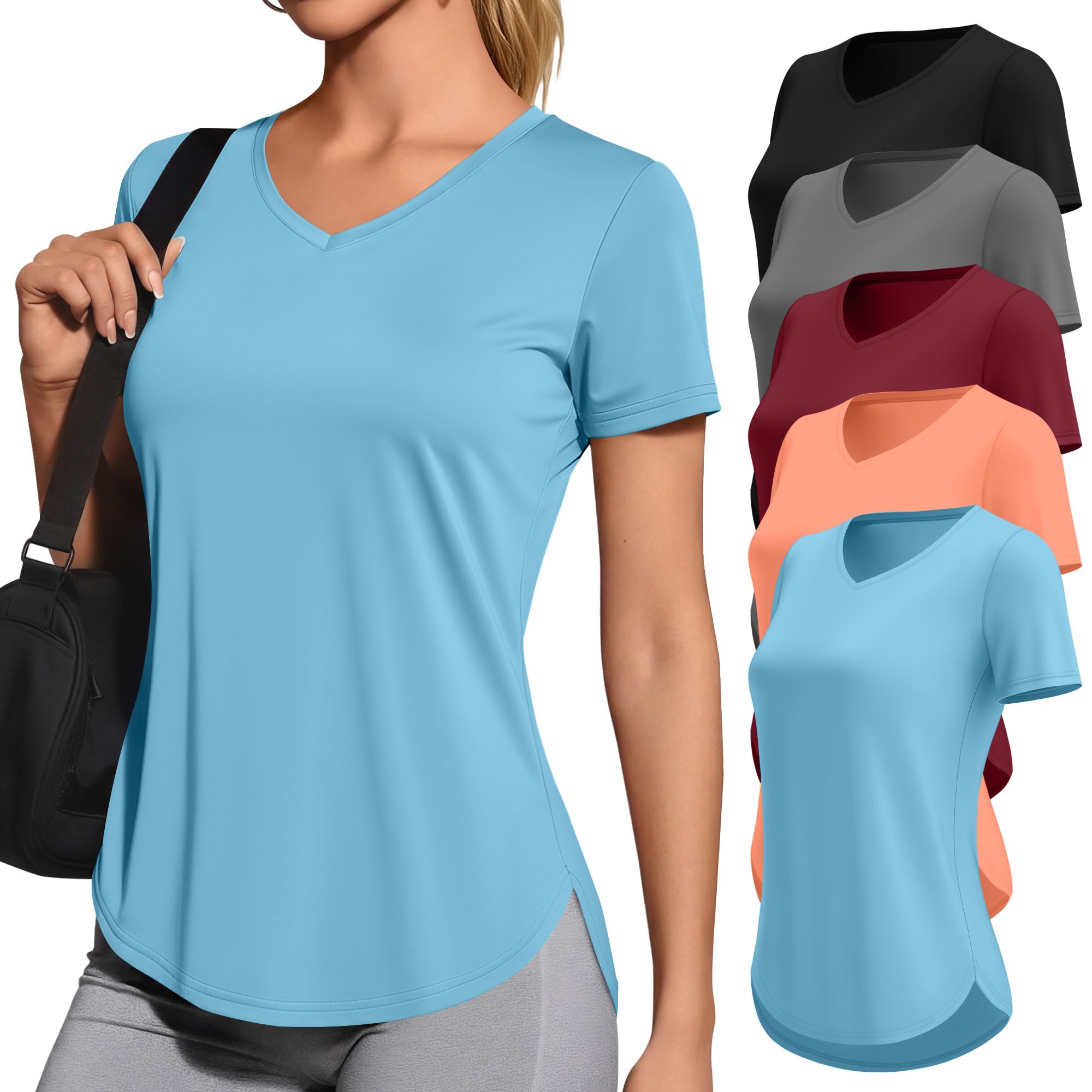 Locoowai 5 Pack Women's Workout Shirts V Neck Quick Dry Tops UPF 50+ Short Sleeve UV Gym Basic Tee Side Slits Curved Hem