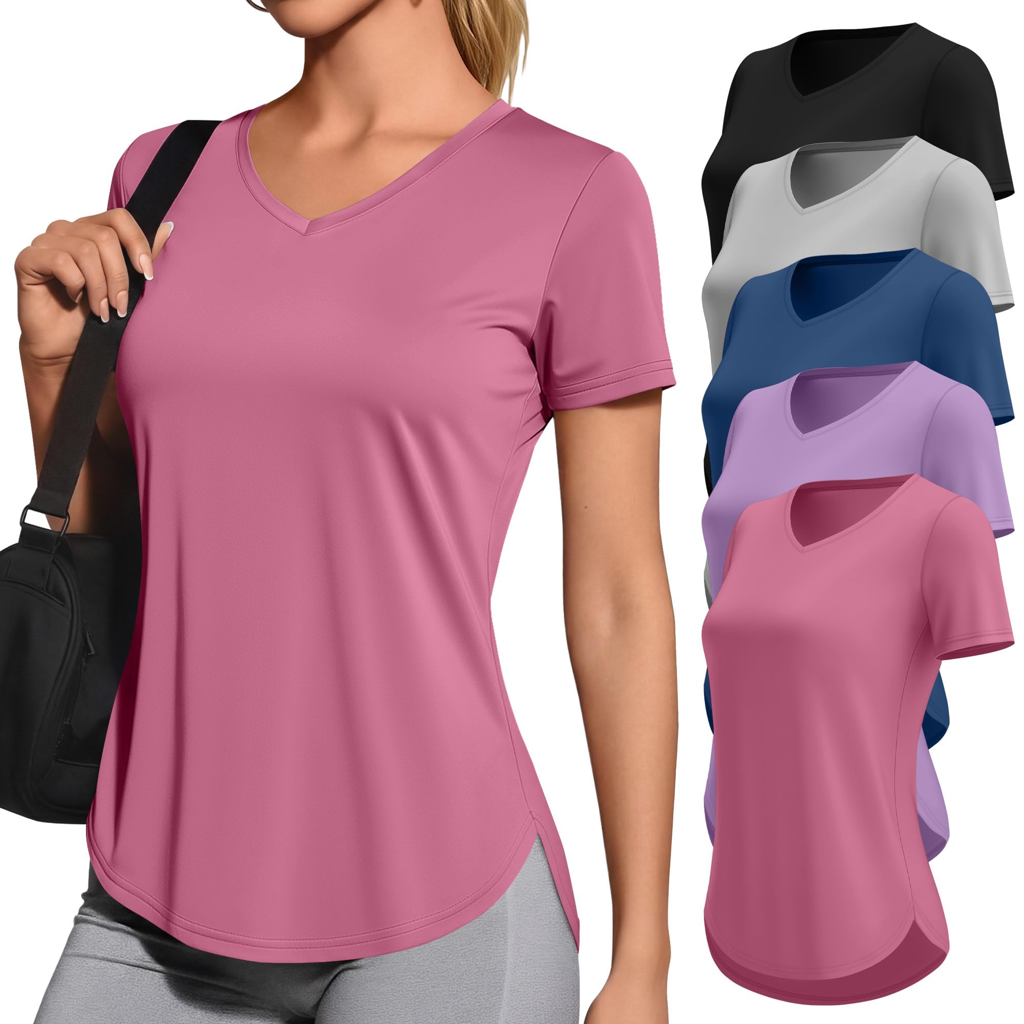 Locoowai 5 Pack Women's Workout Shirts V Neck Quick Dry Tops UPF 50+ Short Sleeve UV Gym Basic Tee Side Slits Curved Hem