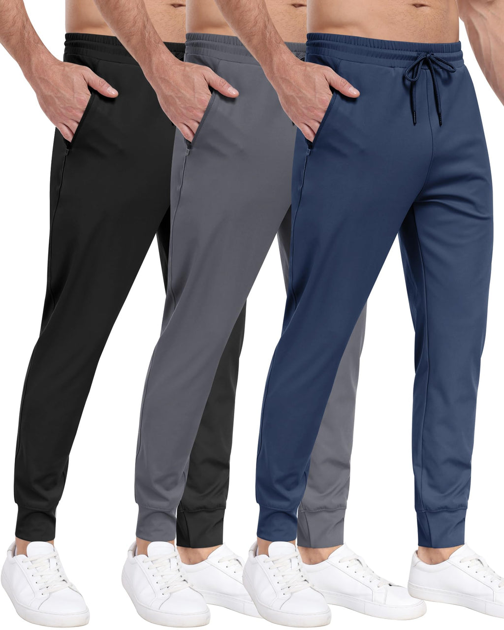 Men's 3 Pack Workout Jogger Pants with Zipper Pockets