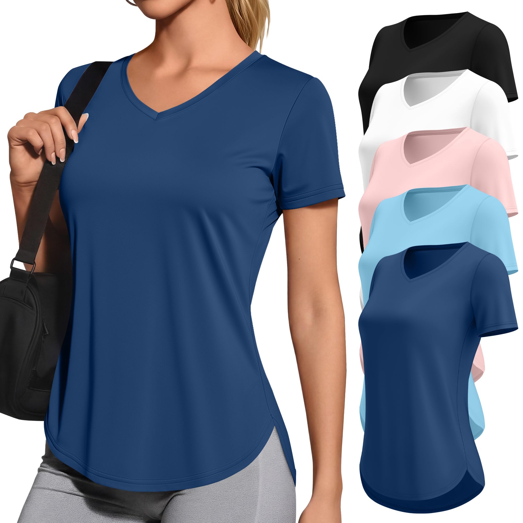 Locoowai 5 Pack Women's Workout Shirts V Neck Quick Dry Tops UPF 50+ Short Sleeve UV Gym Basic Tee Side Slits Curved Hem