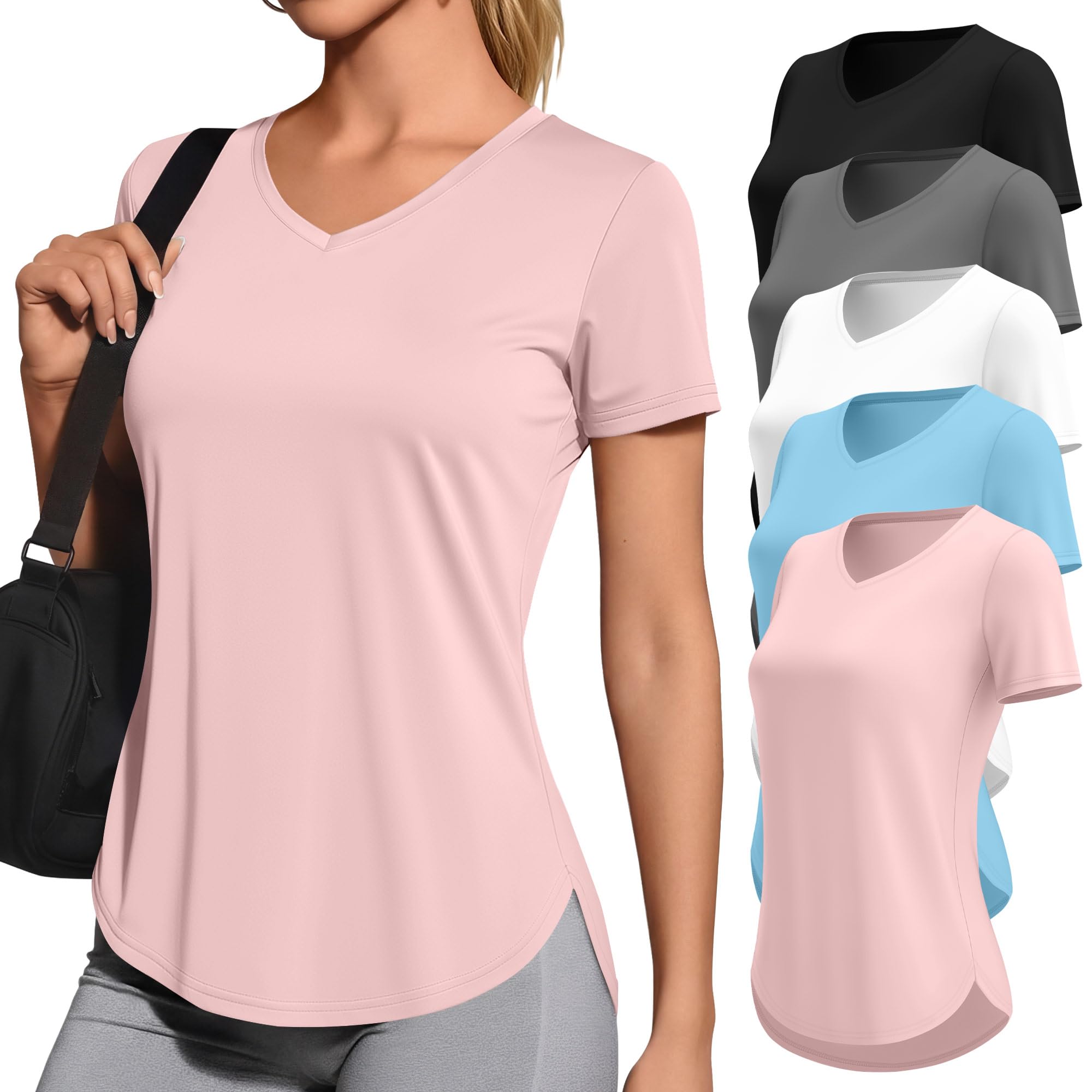 Locoowai 5 Pack Women's Workout Shirts V Neck Quick Dry Tops UPF 50+ Short Sleeve UV Gym Basic Tee Side Slits Curved Hem