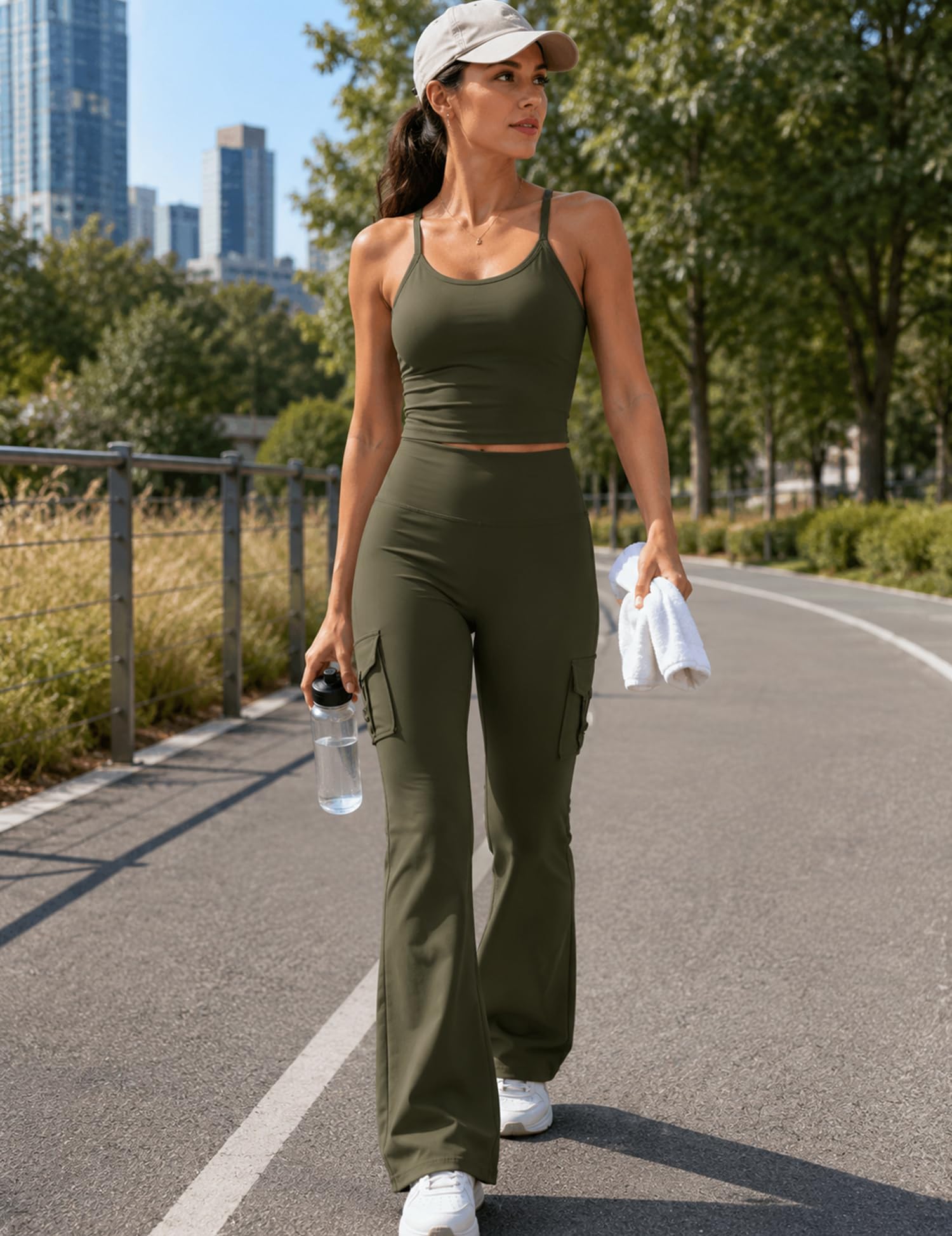 UOUA Women's 2 Piece Workout Sets Cami Racerback Tank Cargo Flare Leggings with Pockets Gym Yoga Outfits