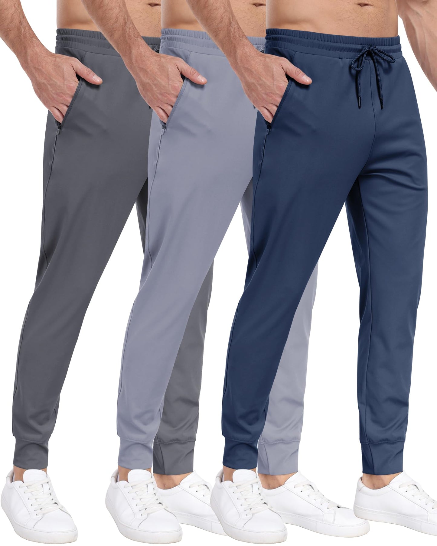 Men's 3 Pack Workout Jogger Pants with Zipper Pockets