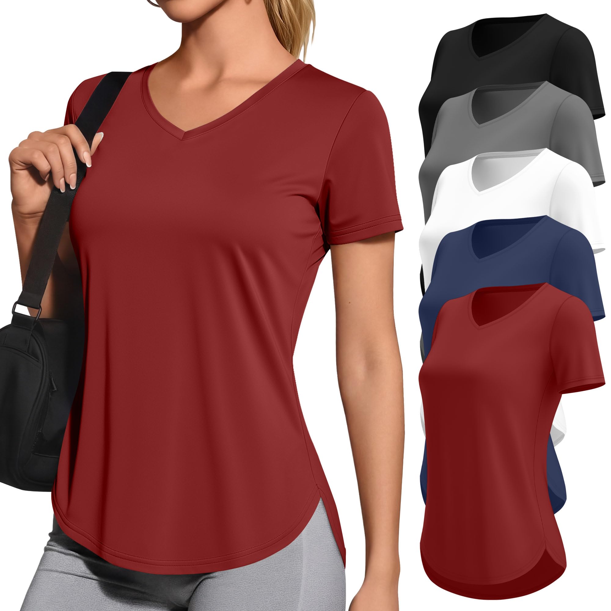 Locoowai 5 Pack Women's Workout Shirts V Neck Quick Dry Tops UPF 50+ Short Sleeve UV Gym Basic Tee Side Slits Curved Hem