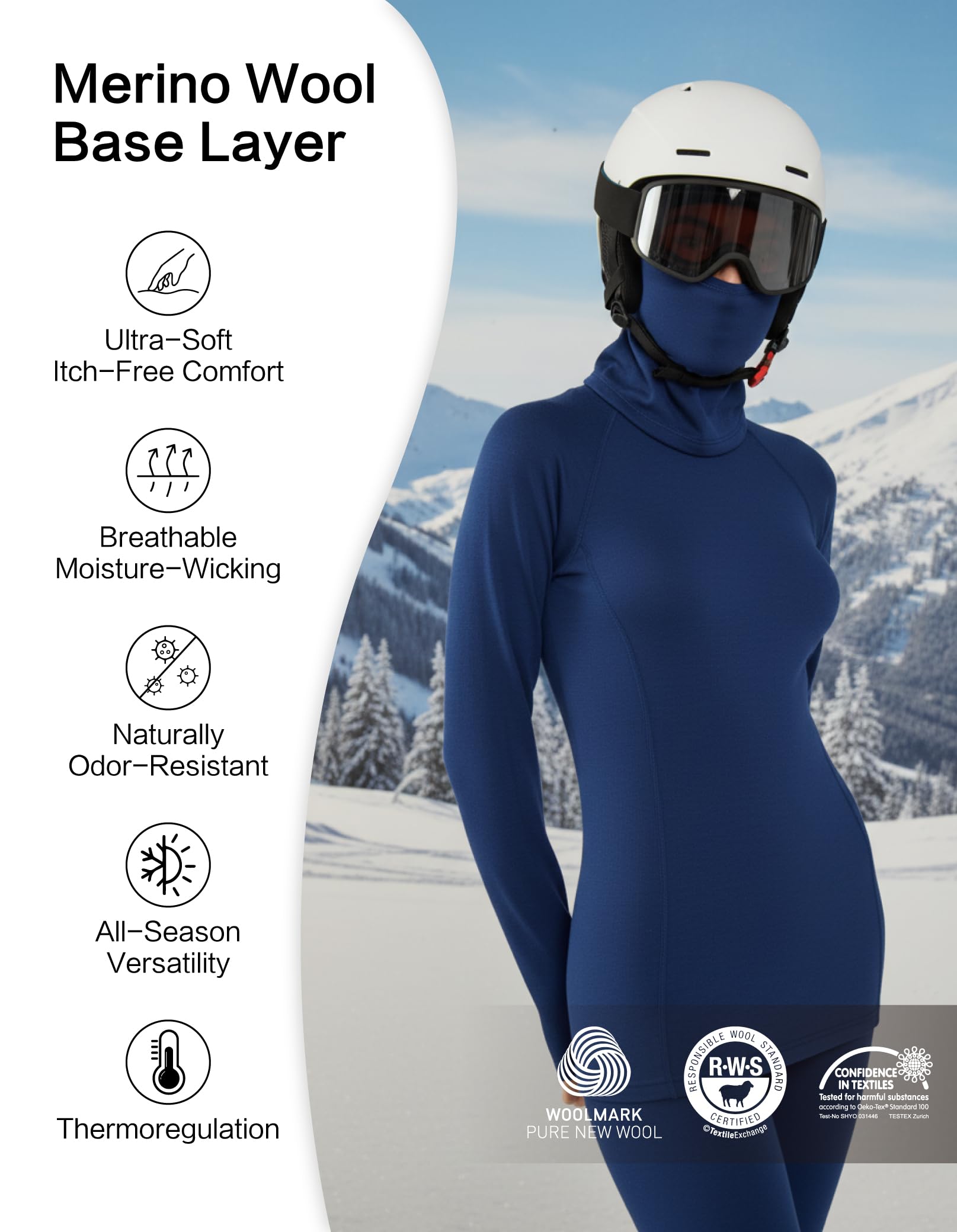 LEADHALO Midweight Merino Wool Base Layer Women Set, Moisture Wicking Warm Women's Thermals Top and Bottom for Ski Snowboard
