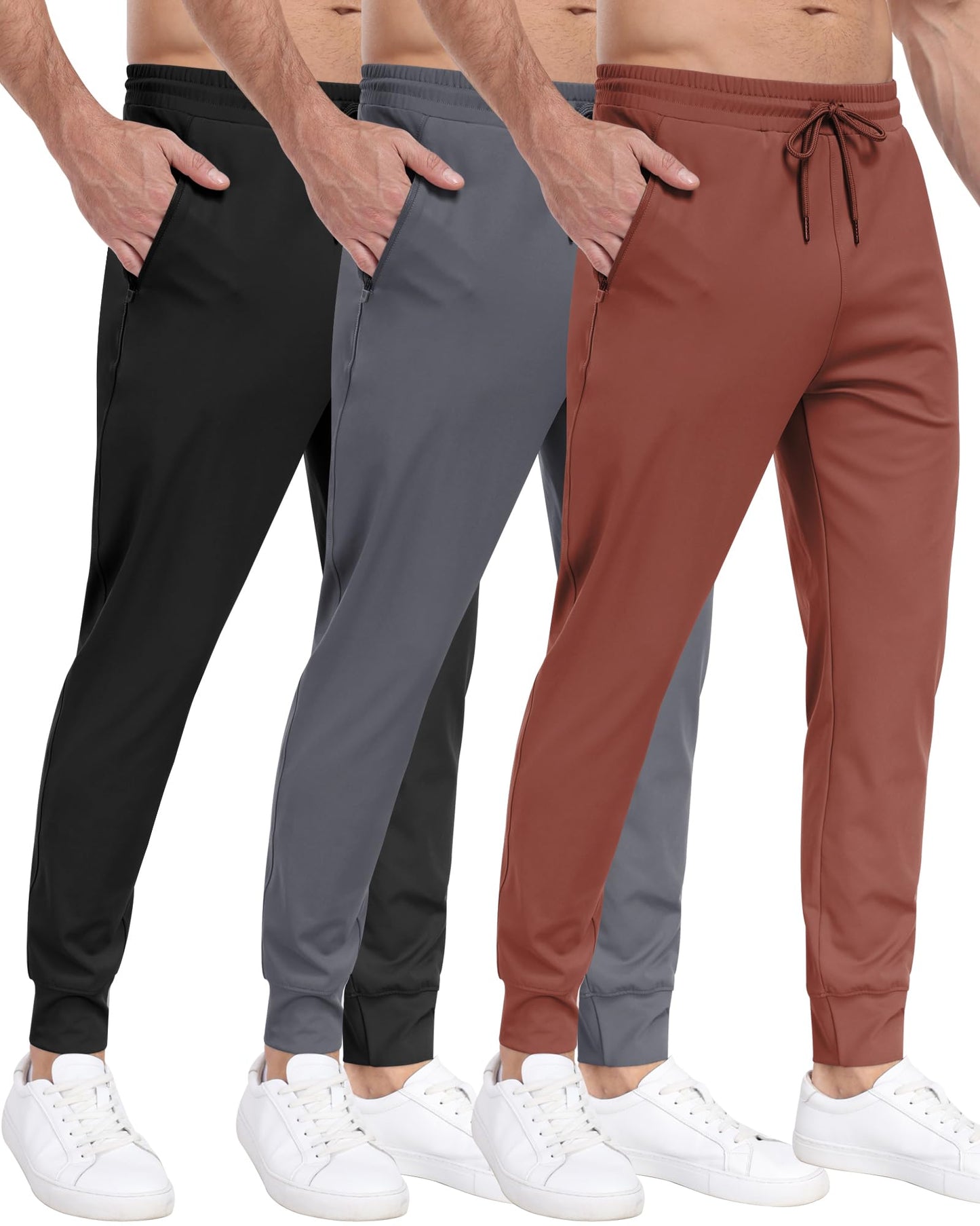 Men's 3 Pack Workout Jogger Pants with Zipper Pockets
