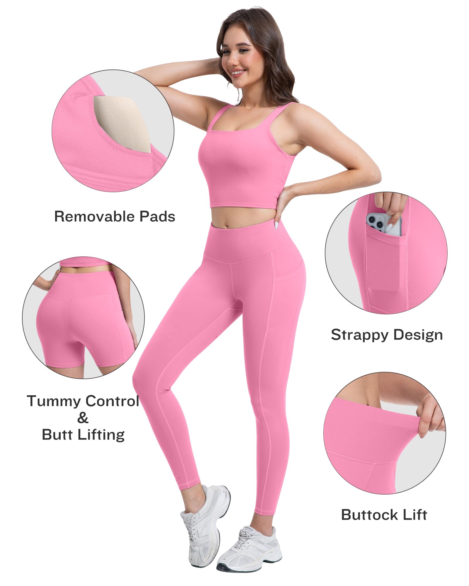 SALSPOR 3 Piece Workout Sets for Women High Waisted Leggings with Pockets Tummy Control Biker Shorts Yoga Sports Bra