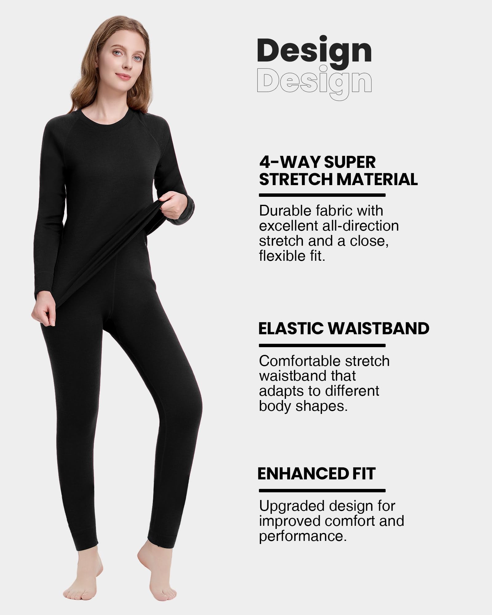 woolcano Women's 100% Merino Wool Base Layer Set - Active Thermal Underwear"