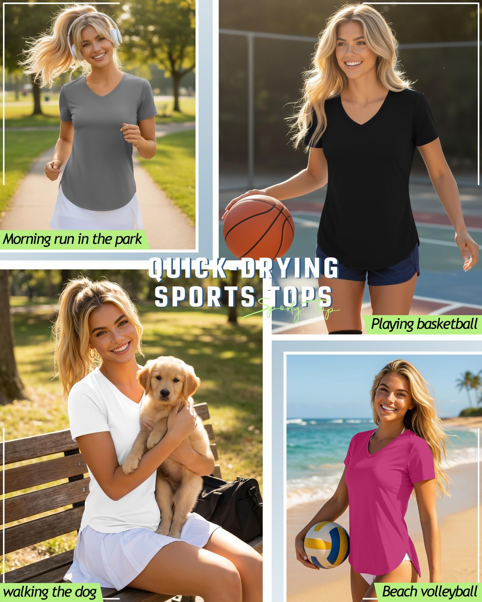 Locoowai 5 Pack Women's Workout Shirts V Neck Quick Dry Tops UPF 50+ Short Sleeve UV Gym Basic Tee Side Slits Curved Hem