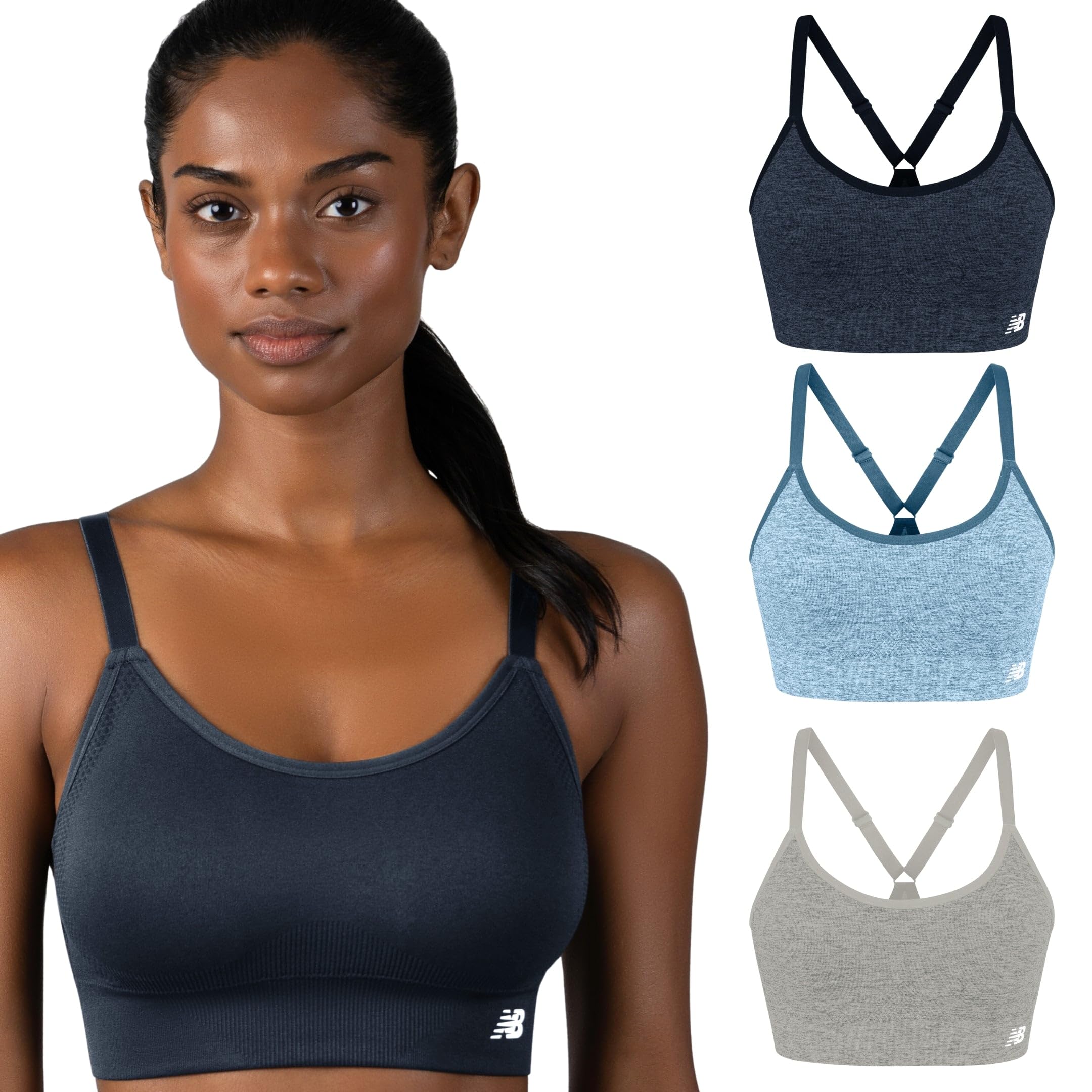 New Balance Women's Sports Bras 3 Pack, Seamless Cami, Removable Pads, Medium Impact Gym Sports Bra for Women, Workout Set