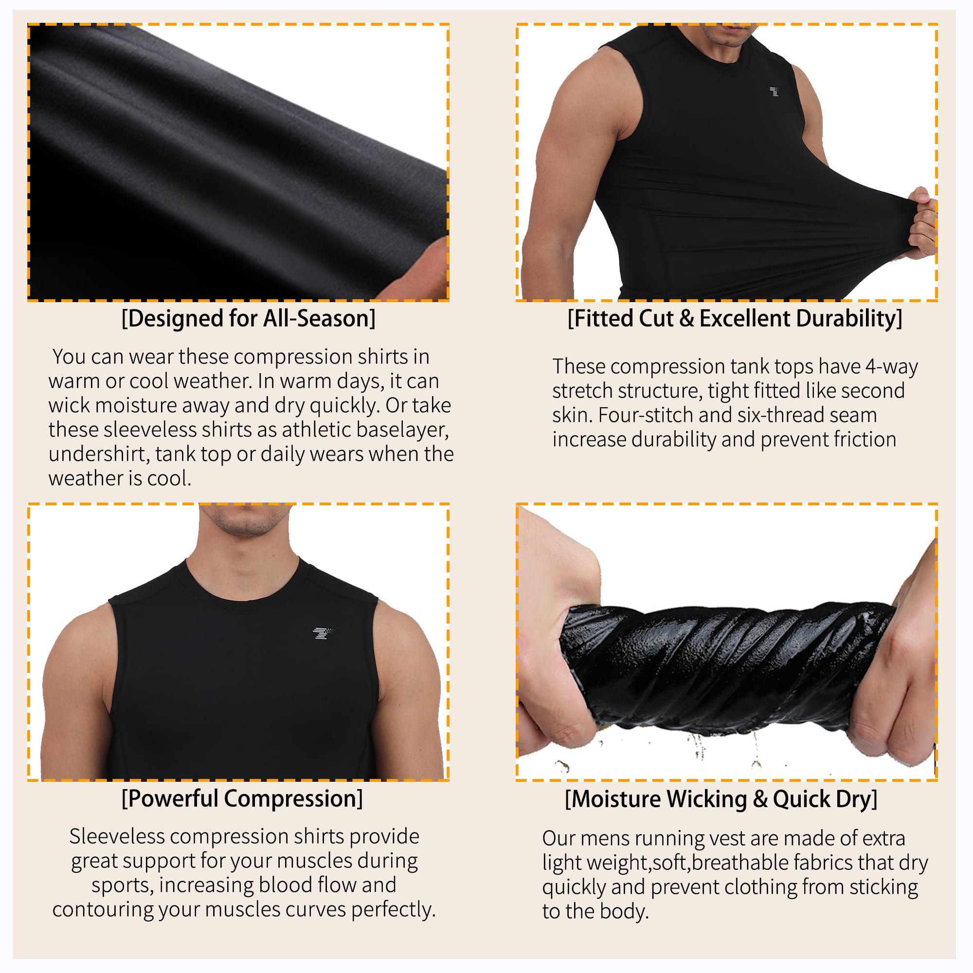 TELALEO 5 Pack Men's Athletic Compression Shirts Sleeveless Workout Tank Top Sports Base Layer Running Basketball