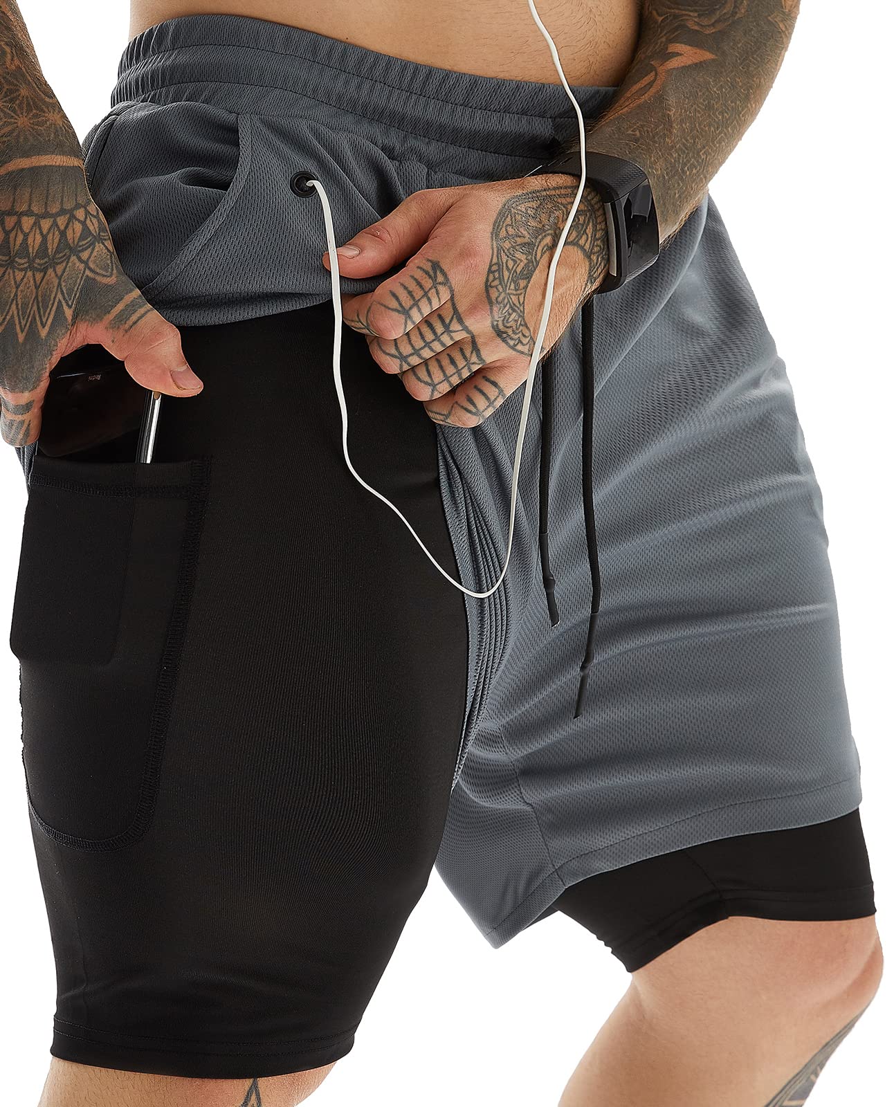 JWJ Men's 2 in 1 Workout Running Shorts 7 Inch Lightweight Athletic Gym Shorts with Compression Liner