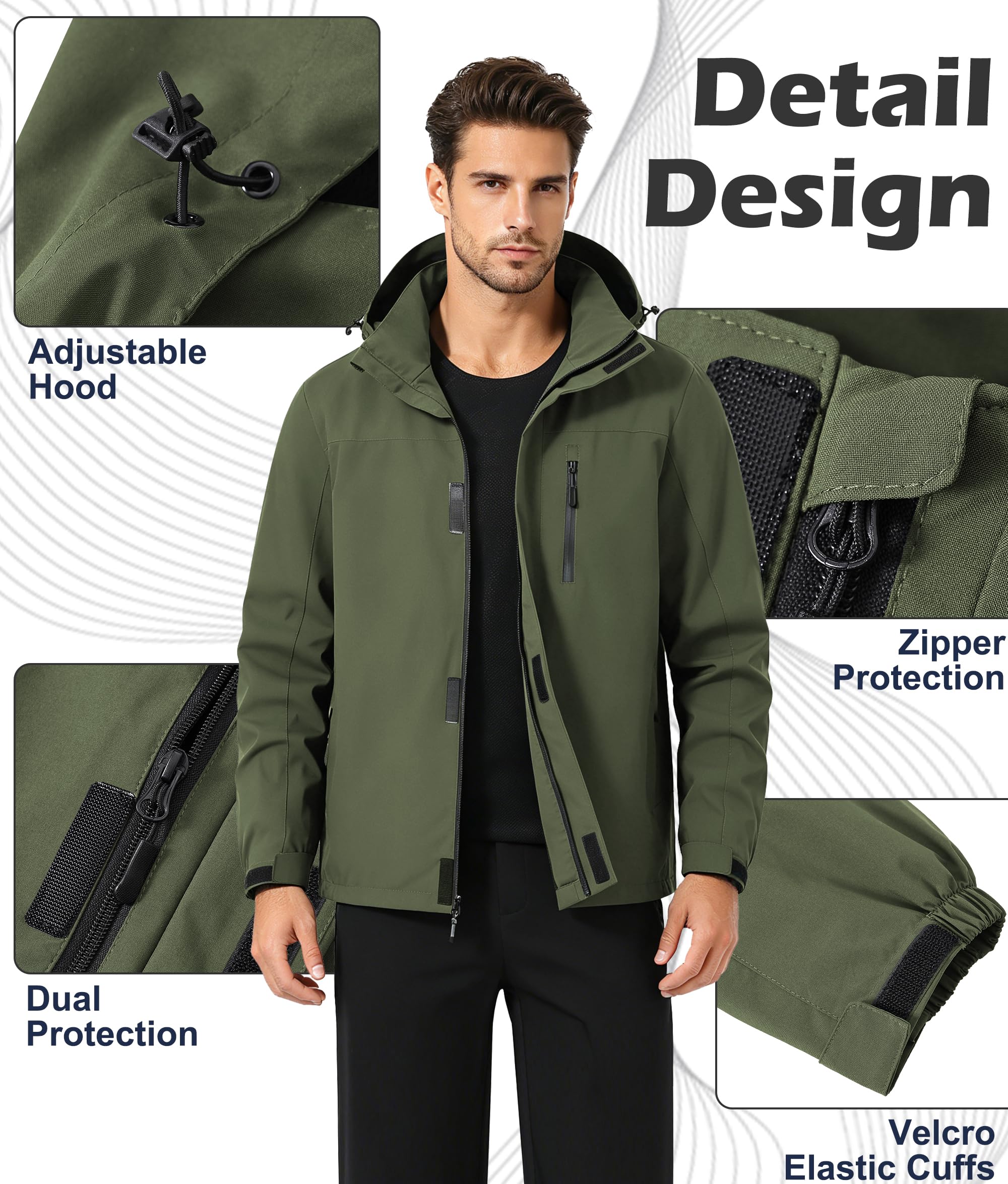 Zoofly Mens Waterproof Hiking Jacket with Hood Windproof Light Weight Windbreaker Outdoor Fishing Raincoat Zipper Pockets