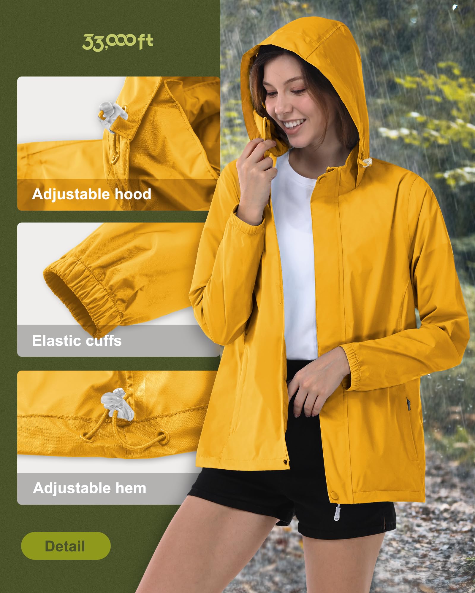 33,000ft Women's Rain Jacket Waterproof Lightweight Packable Raincoat with Hood for Golf Hiking Travel Windbreaker