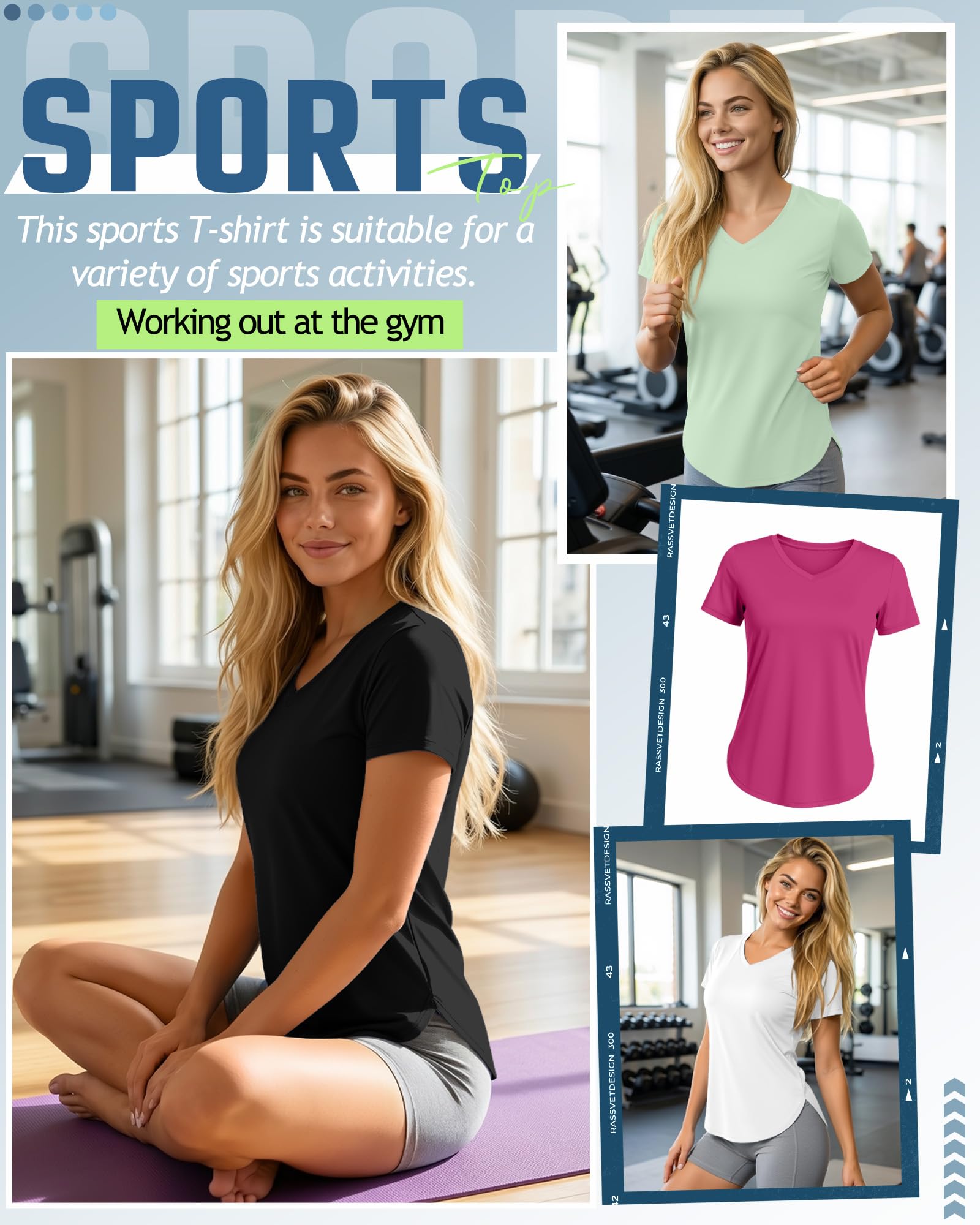 Locoowai 5 Pack Women's Workout Shirts V Neck Quick Dry Tops UPF 50+ Short Sleeve UV Gym Basic Tee Side Slits Curved Hem