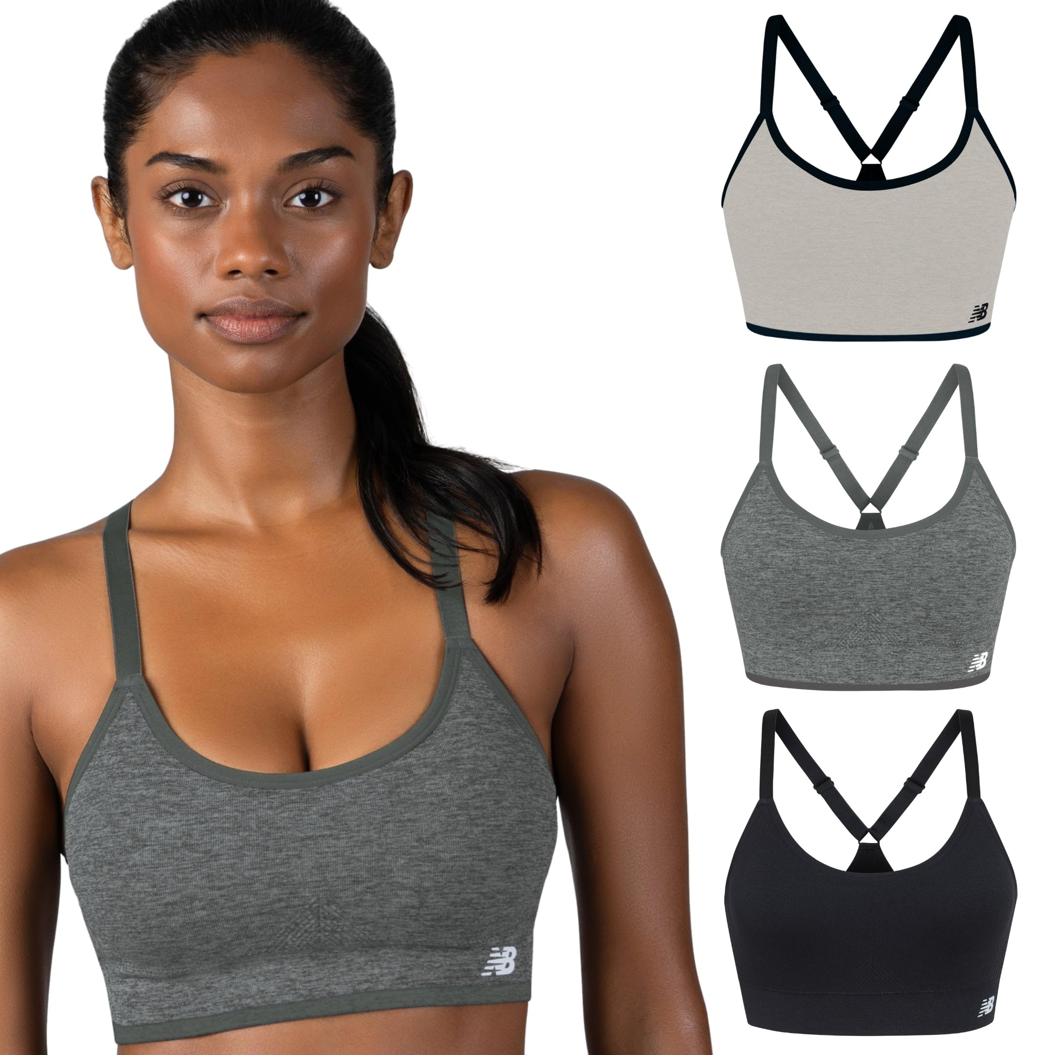 New Balance Women's Sports Bras 3 Pack, Seamless Cami, Removable Pads, Medium Impact Gym Sports Bra for Women, Workout Set