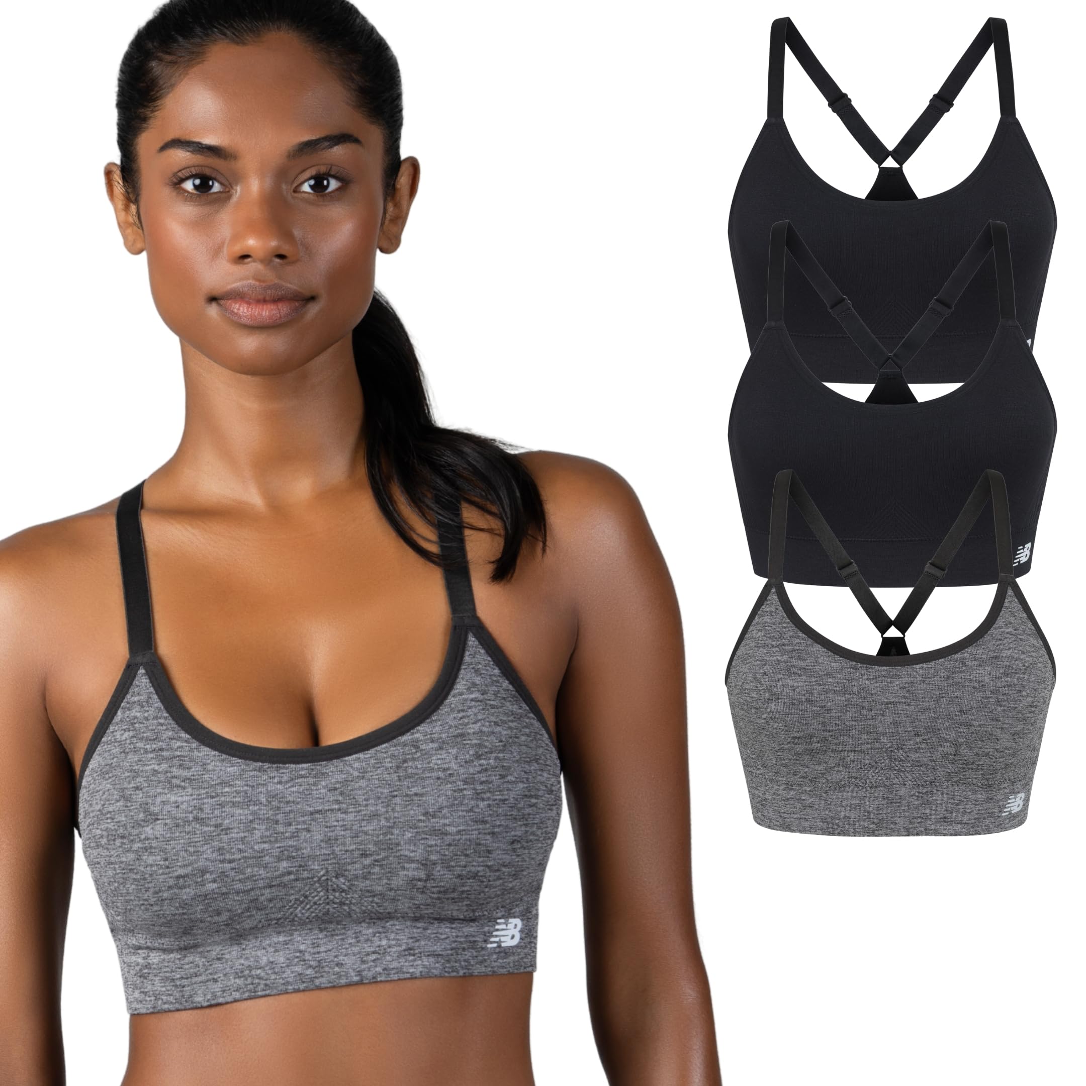 New Balance Women's Sports Bras 3 Pack, Seamless Cami, Removable Pads, Medium Impact Gym Sports Bra for Women, Workout Set