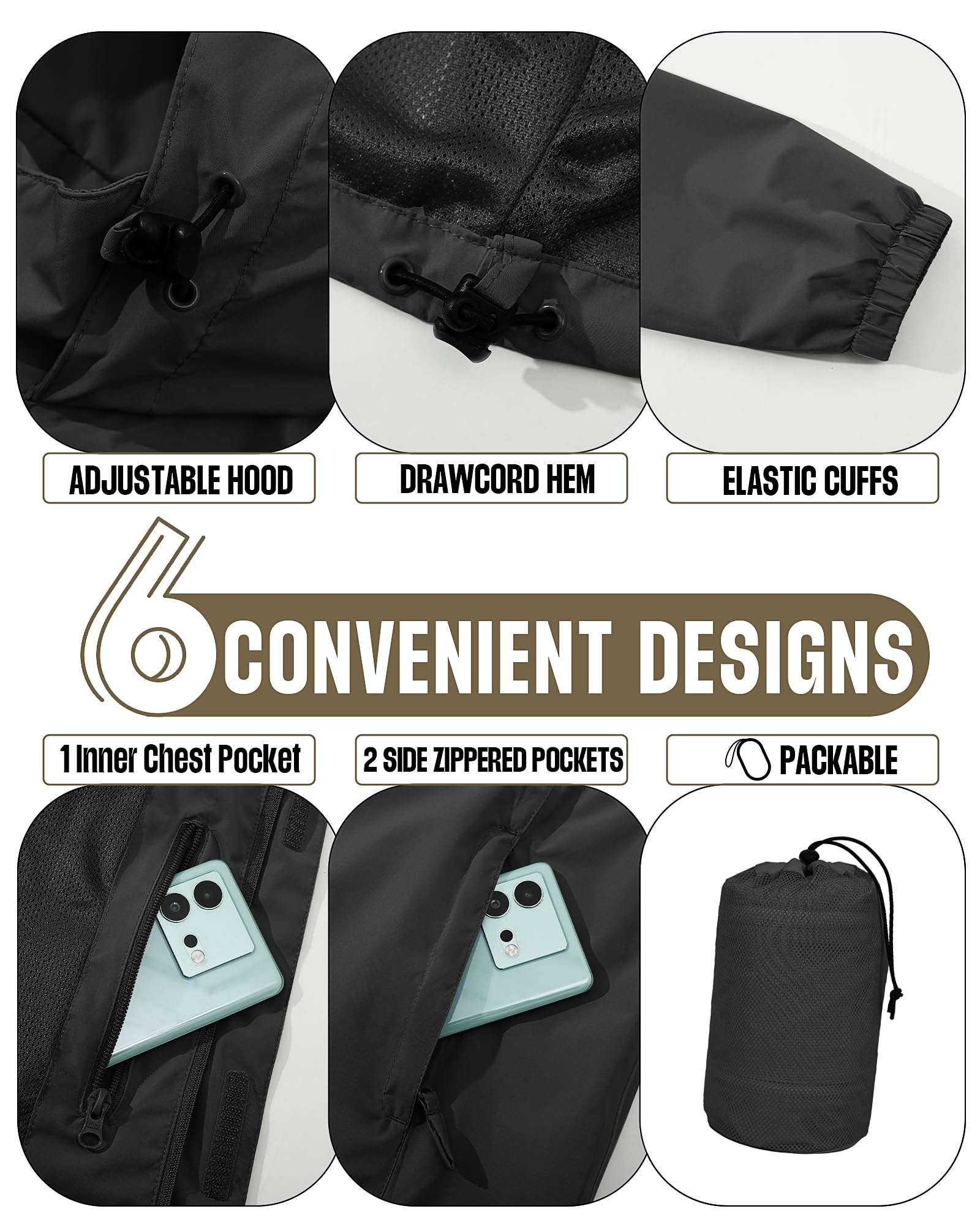 33,000ft Men's Packable Rain Jacket Waterproof Lightweight Raincoat Rain Shell with Hood for Outdoor Hiking Golf Travel