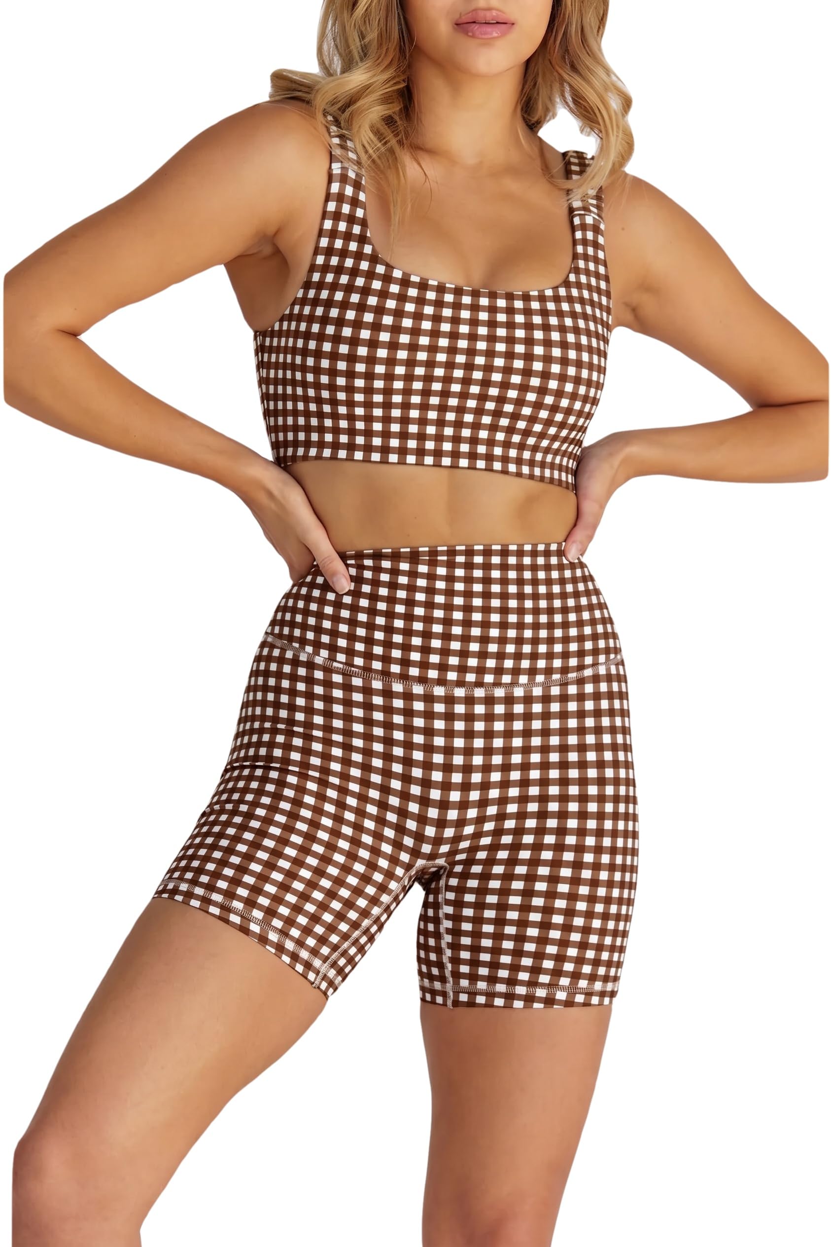 Womens Gingham Workout Sets 2 Piece Sets Summer Outfits Athletic Sports Bra High Waist Shorts Sets Matching Activewear Sets