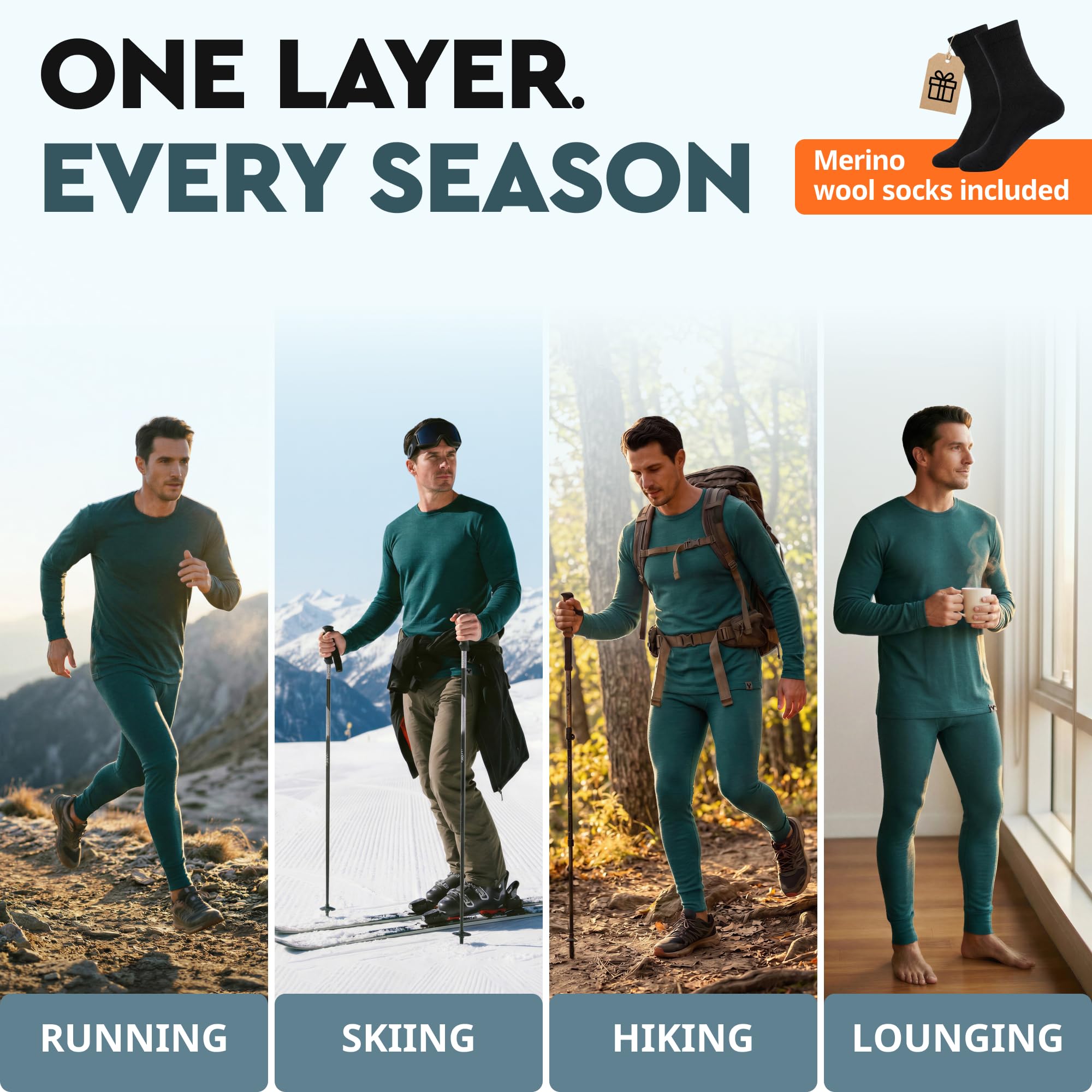 MERINNOVATION Merino Wool Base Layer Set for Men 100% Merino Wool Pajamas Set Thermal Sleep PJS Lite - Midweight Top, Bottom