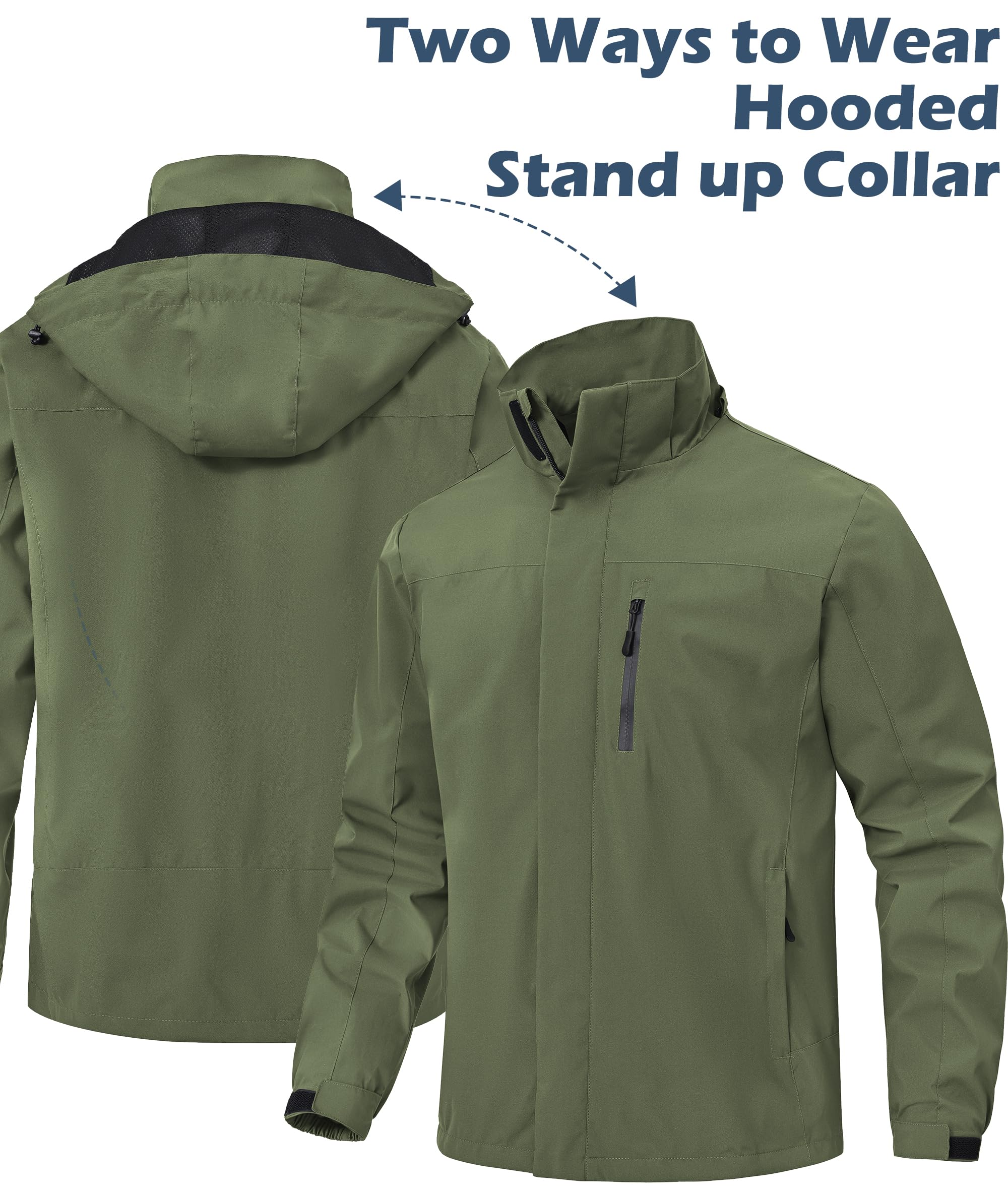 Zoofly Mens Waterproof Hiking Jacket with Hood Windproof Light Weight Windbreaker Outdoor Fishing Raincoat Zipper Pockets