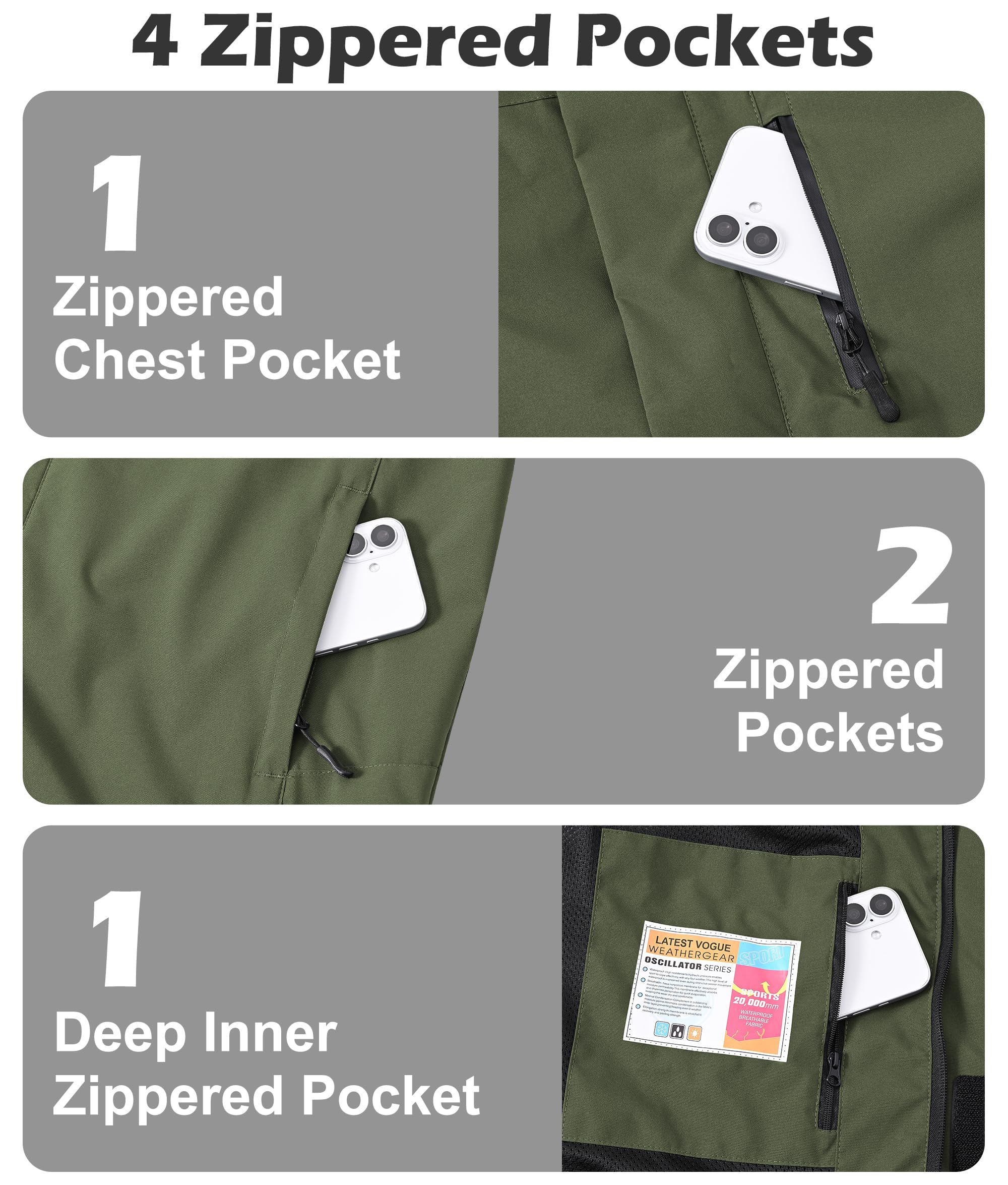 Zoofly Mens Waterproof Hiking Jacket with Hood Windproof Light Weight Windbreaker Outdoor Fishing Raincoat Zipper Pockets